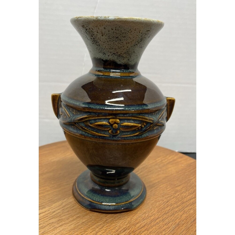 Art Deco 8" Pottery Vase Brown Blue Floral Accent Vtg Mid-Century Modern READ